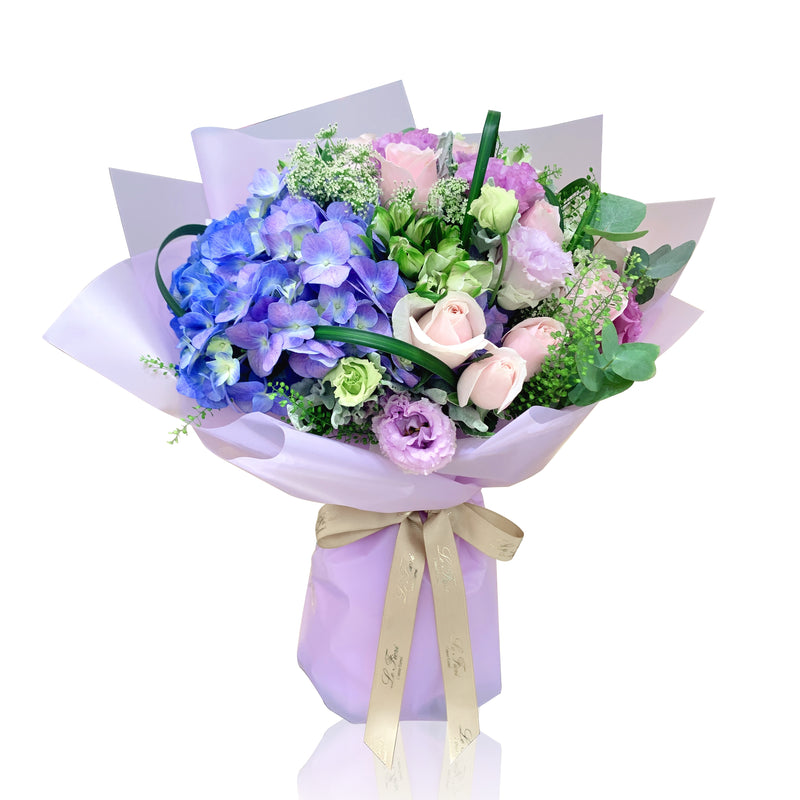 Fresh Flower Bouquet - Blue Hydrangea and Rose - Le Fiori