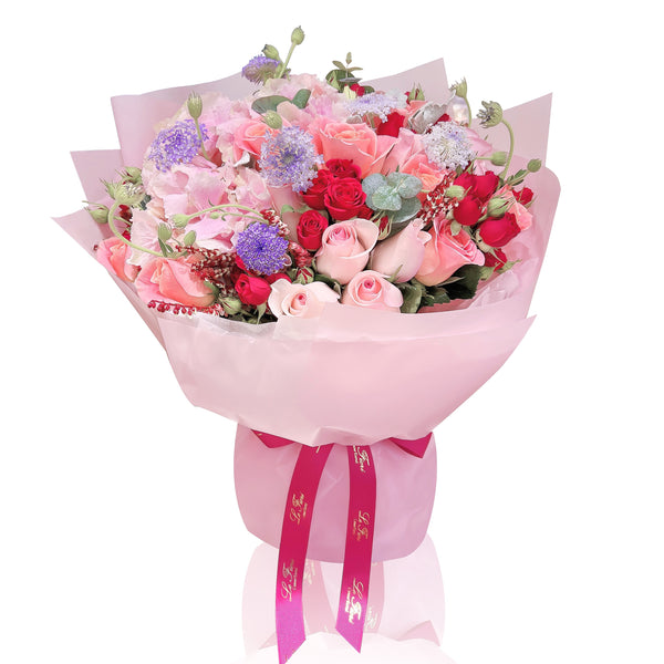 鲜花花束 - 粉色绣球花和玫瑰