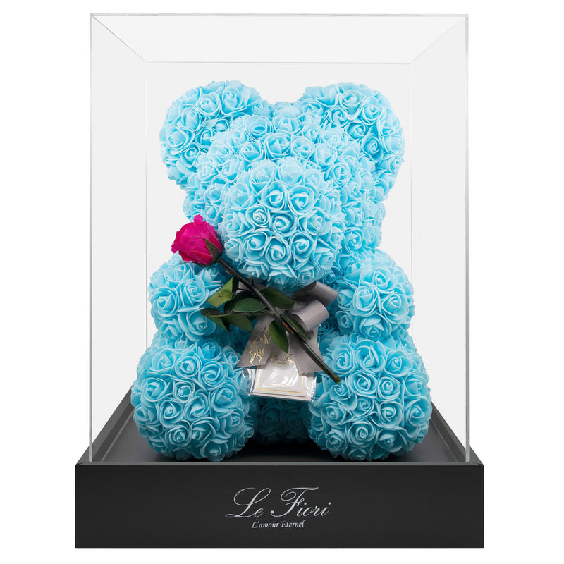 BABY BLUE ROSE BEAR WITH STEM PRESERVED ROSE - Le Fiori