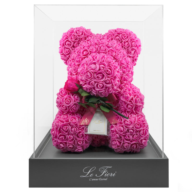 FUCHSIA PINK ROSE BEAR WITH STEM PRESERVED ROSE - Le Fiori