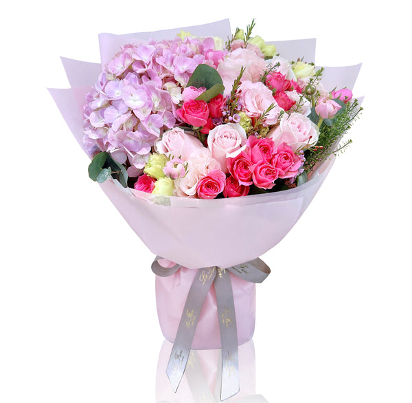鮮花花束 - 粉紅繡球和粉紅玫瑰