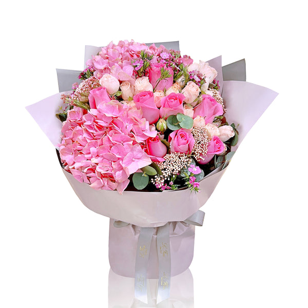 鮮花花束 - 粉紅繡球和粉紅玫瑰