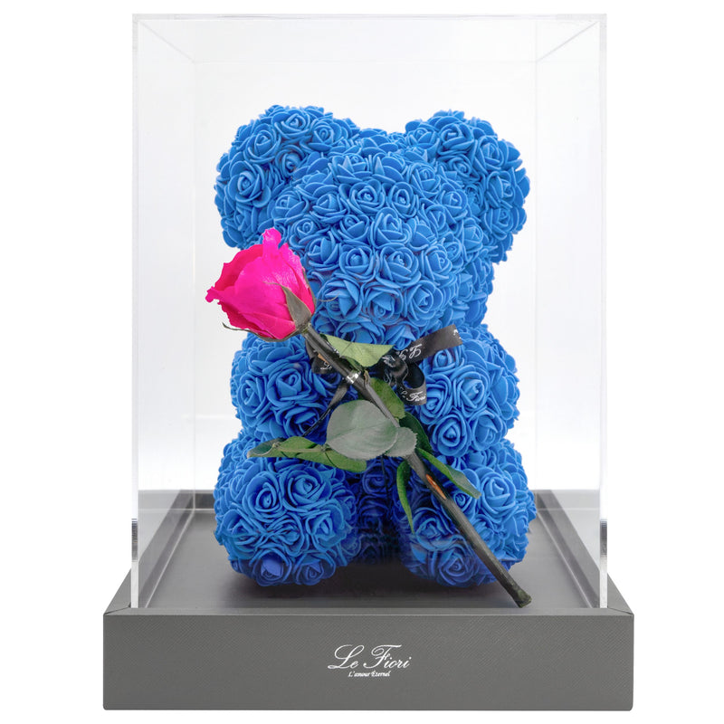 Royal Blue Rose Baby Bear With Stem Preserved Rose - Le Fiori